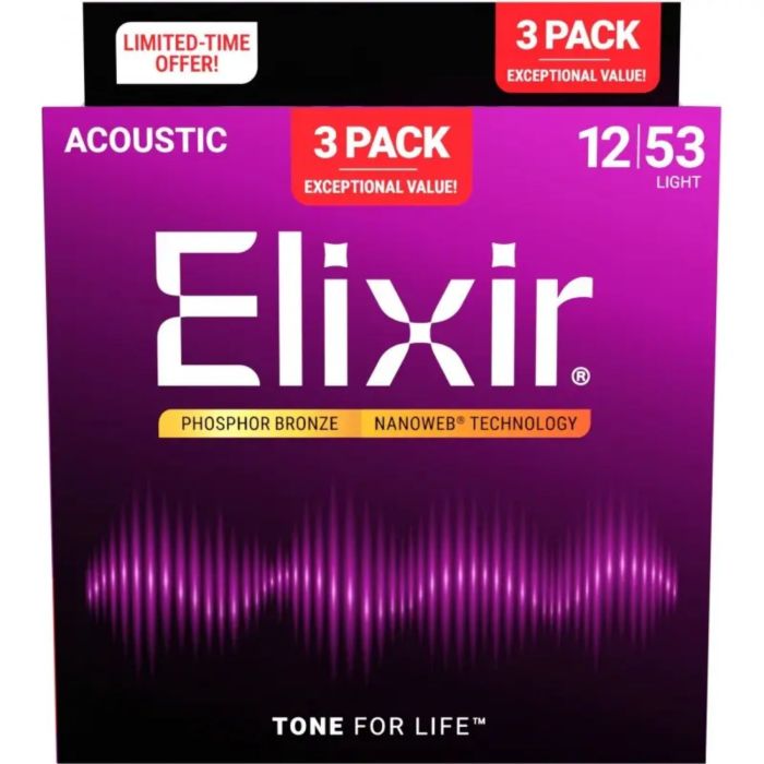 Elixir 16569 Nanoweb Phosphor Bronze light 12-53 Corde Acustica 3pz main product photo