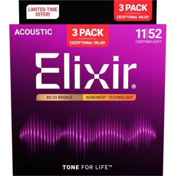 Elixir 16564 Nanoweb 80/20 Bronze custom light 11-52 Corde Acustica 3 pz