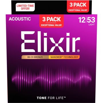 Elixir 16565 Nanoweb 80/20 Bronze light 12-53 Corde Acustica 3pz 